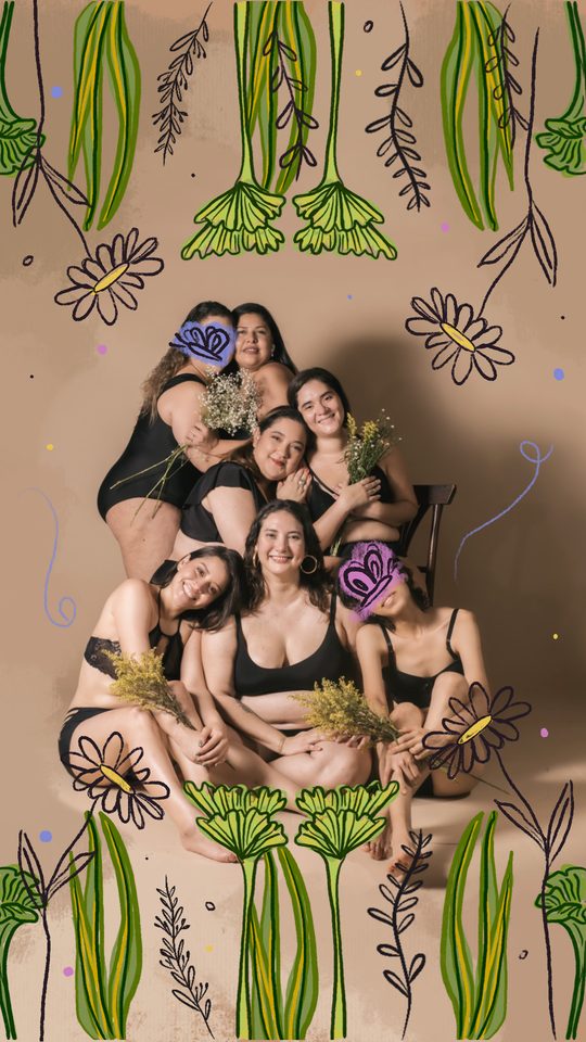 Un grupo de mujeres abrazadas con flores secas, enmarcadas por flores dibujadas a mano