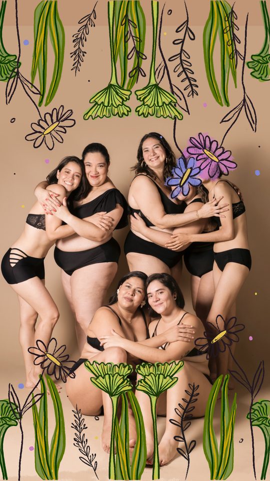 Mujeres abrazándose de a dos, enmarcadas por flores dibujadas a mano